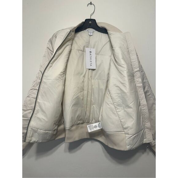 Women's Athleta satin water repellent bomber jacket in ivory, size M, NWT - Picture 3 of 10